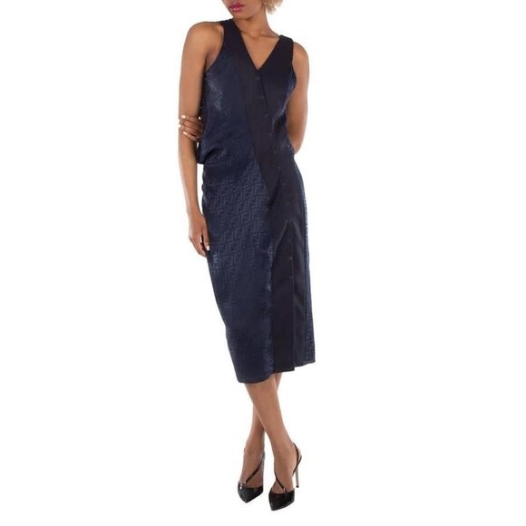 FX01495B New Fendi Silk Crepe Jacquard FF Motif Drape Dress, Brand Size 40 (US S - Picture 1 of 6